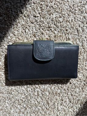 Vtg John Weitz Leather Trifold Wallet Clutch black kisslock coin rare nameplate